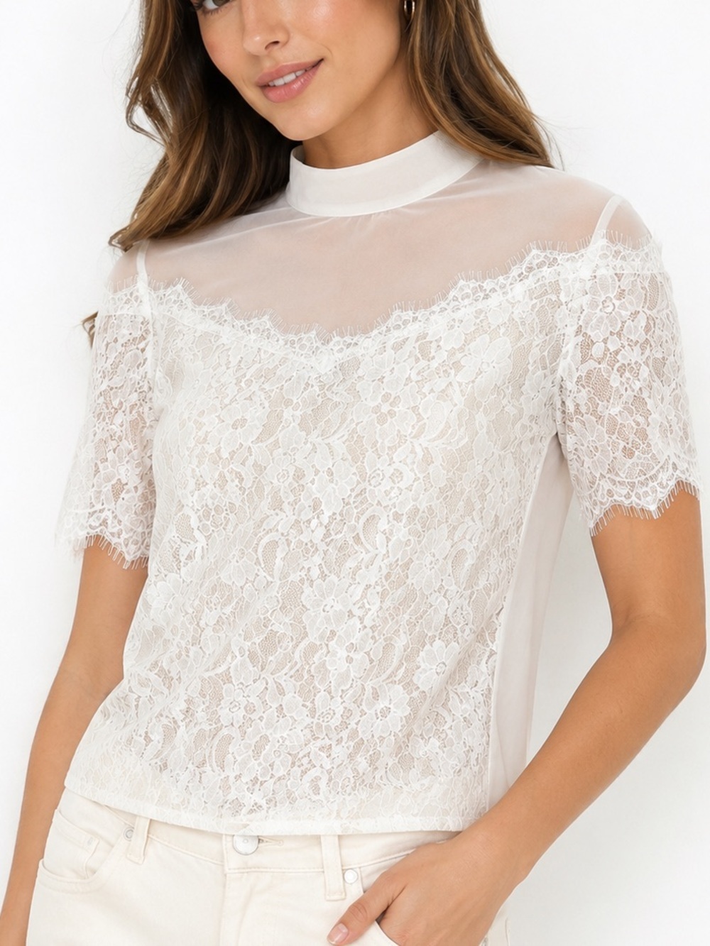ASOS White Lace Mesh Mock Neck Top Romantic Coquette Sheer Cottagecore Blouse